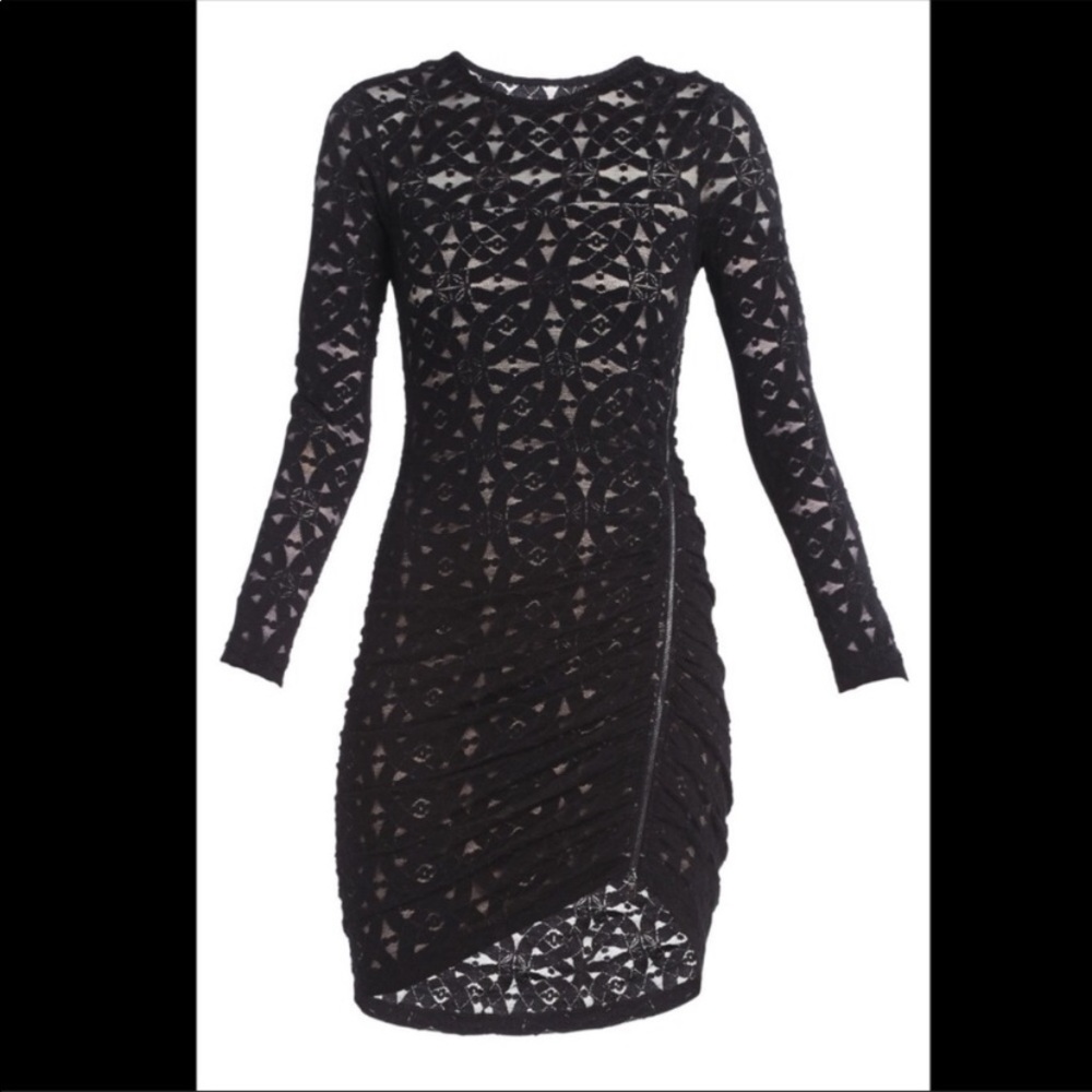 BCBGMaxAzria Alesandra Black Lace Long Sleeve Ruched Dress With Zipper Detail - Picture 3 of 16